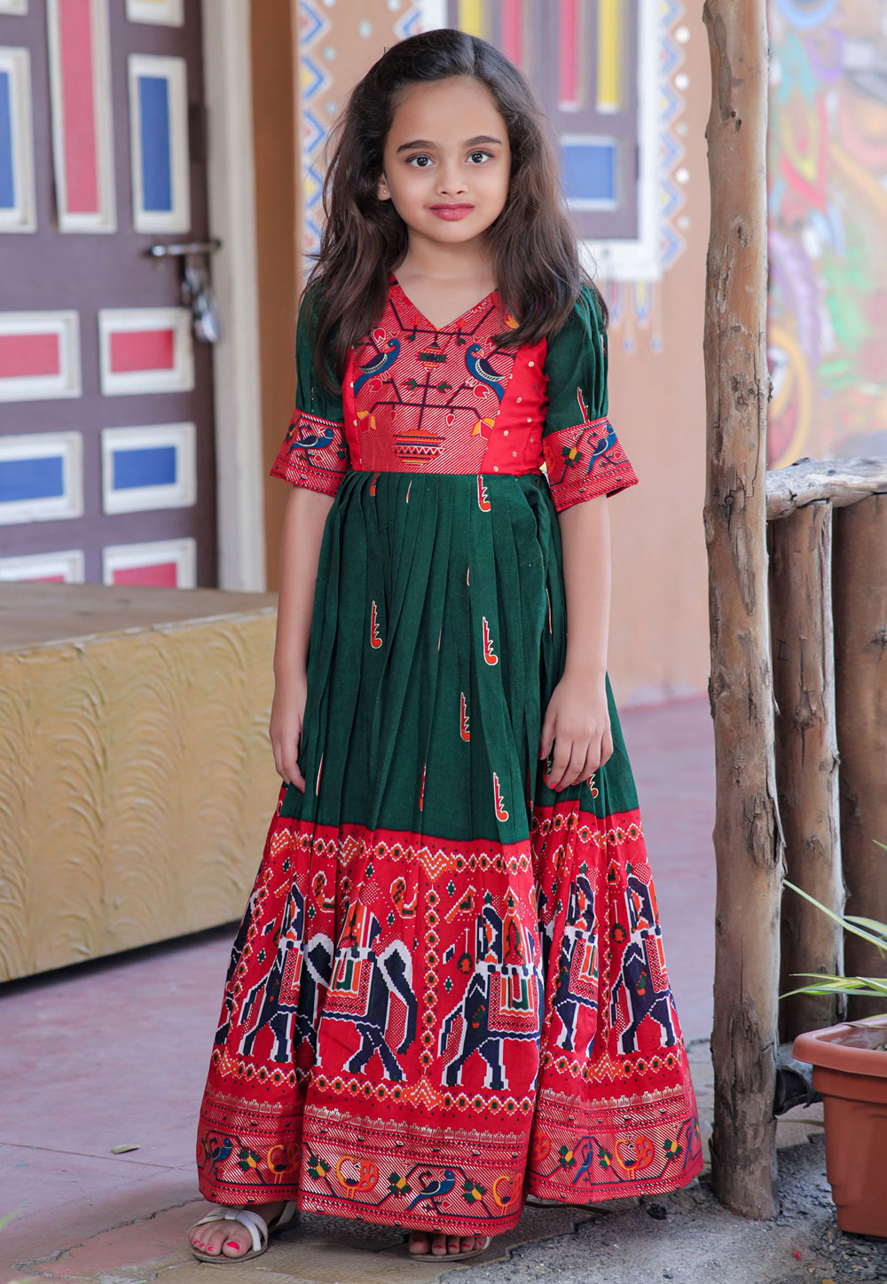 Green Silk Readymade Kids Gown 261579