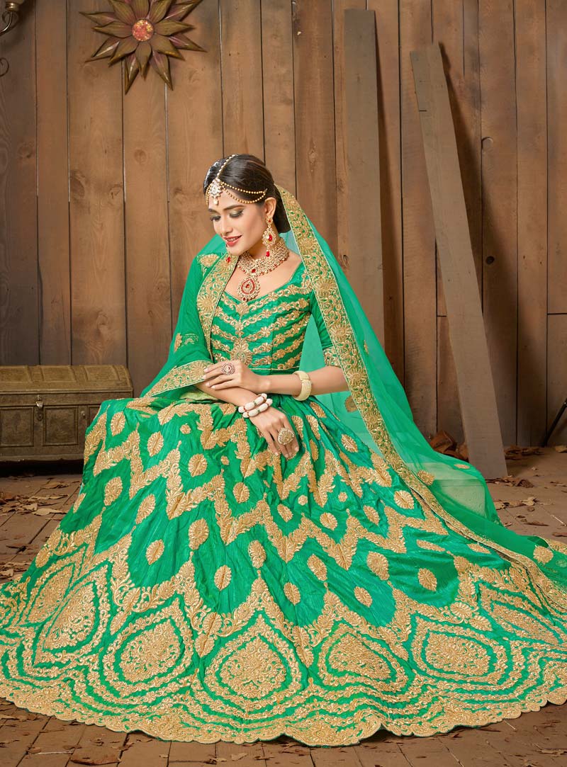 Green Banarasi Silk A Line Lehenga Choli 86226