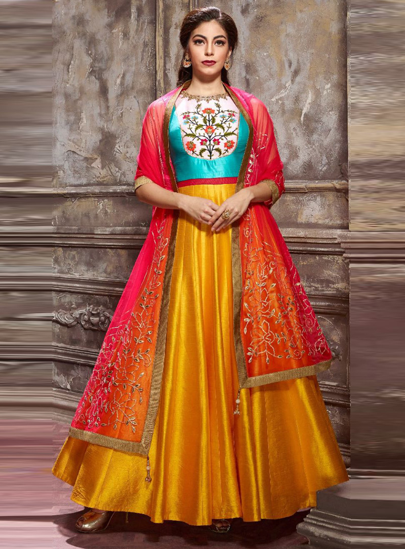 Orange Banglori Silk Readymade Long Anarkali Suit 115883