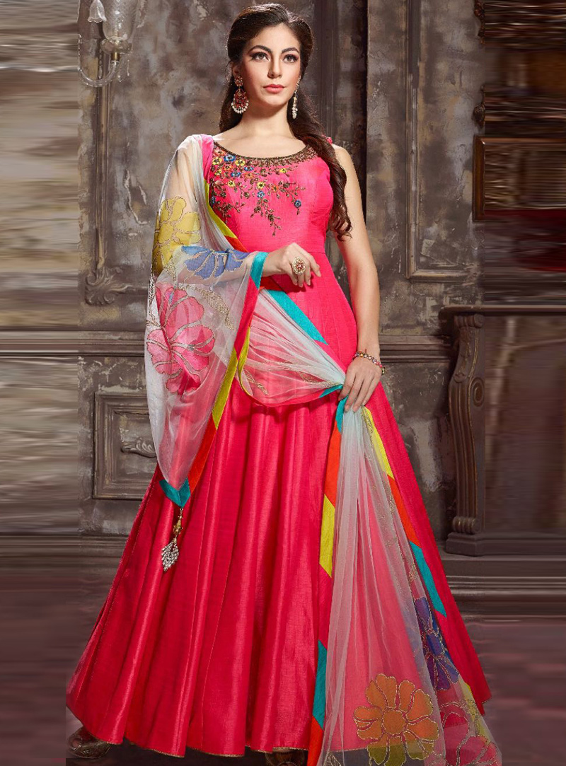 Pink Banglori Silk Readymade Ankle Length Anarkali Suit 115885