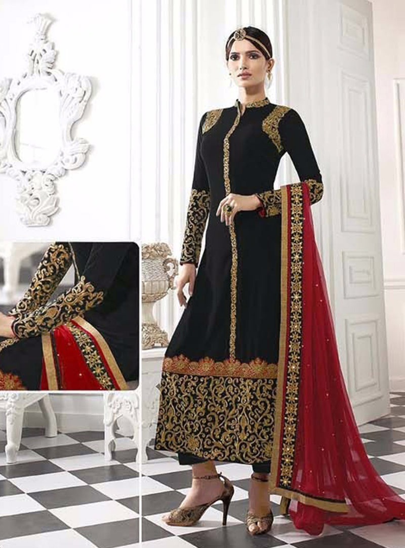 Black Faux Georgette Pakistani Style Suit 77735