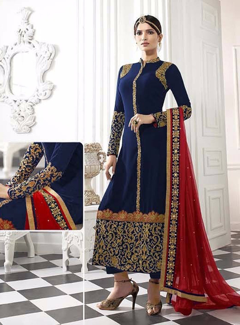 Blue Faux Georgette Pakistani Style Suit 77736