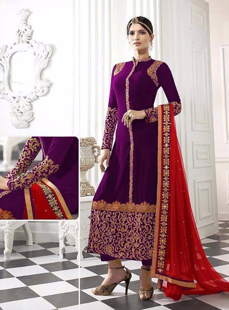 Purple Faux Georgette Pakistani Style Suit 77737
