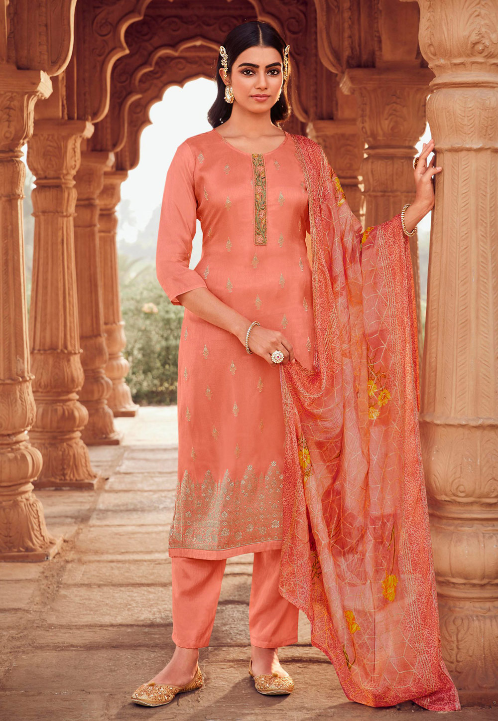 Peach Jacquard Straight Suit 275105