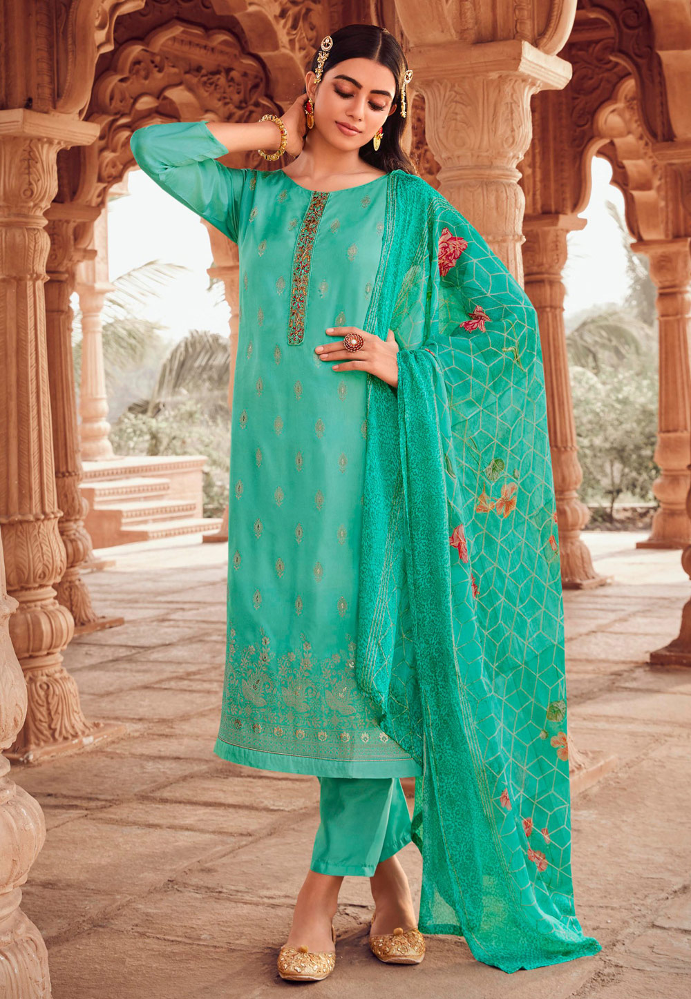 Turquoise Jacquard Kameez With Pant 275106