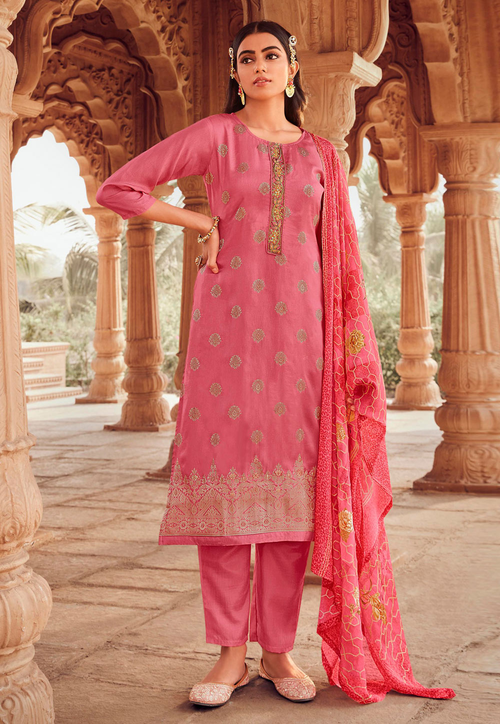 Pink Jacquard Straight Suit 275108