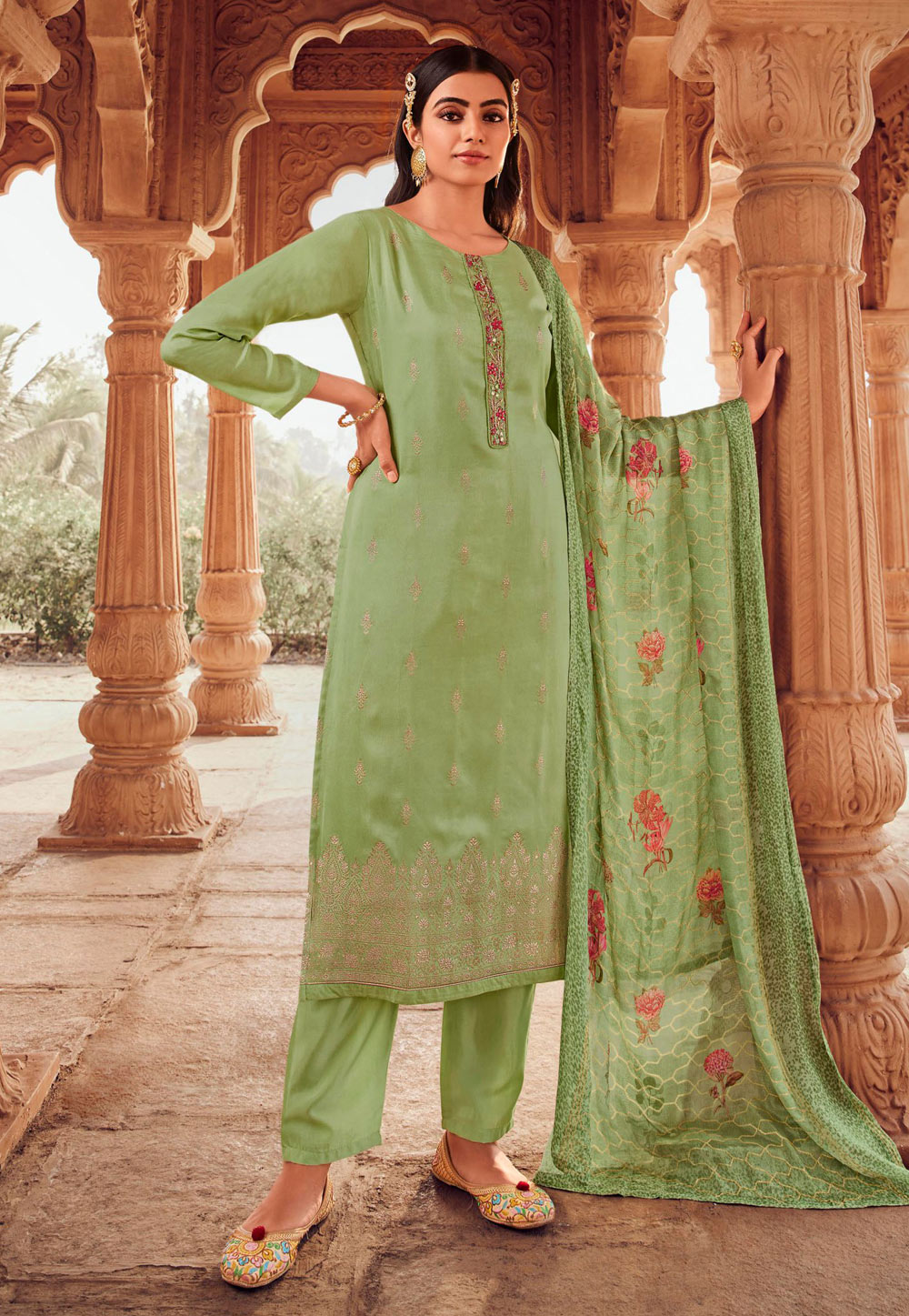 Pista Green Jacquard Kameez With Pant 275109
