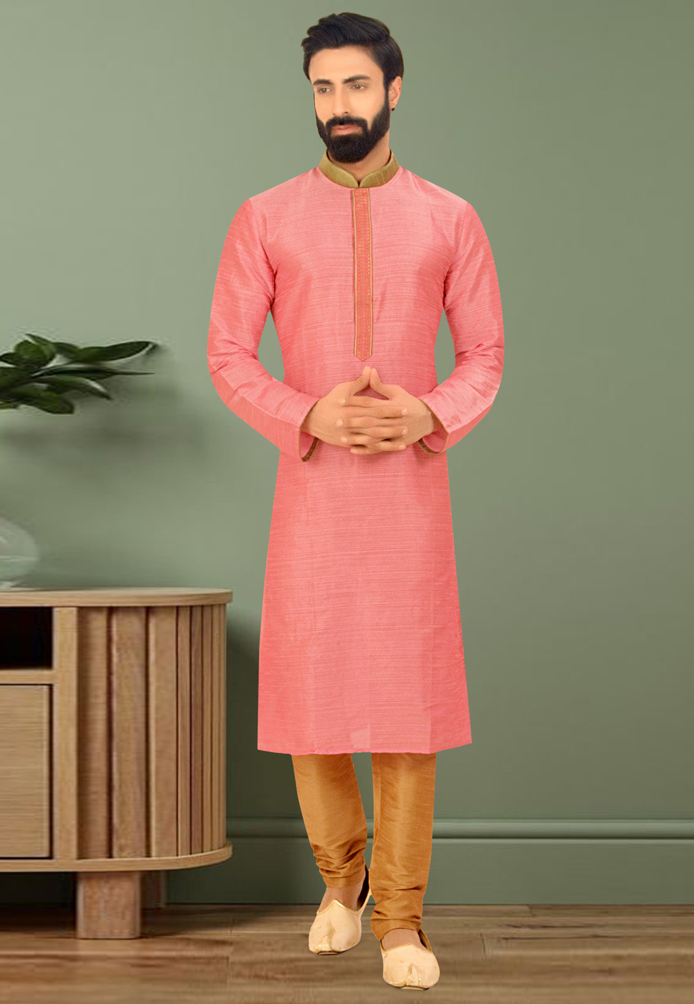 Pink Poly Silk Kurta Pajama 250411