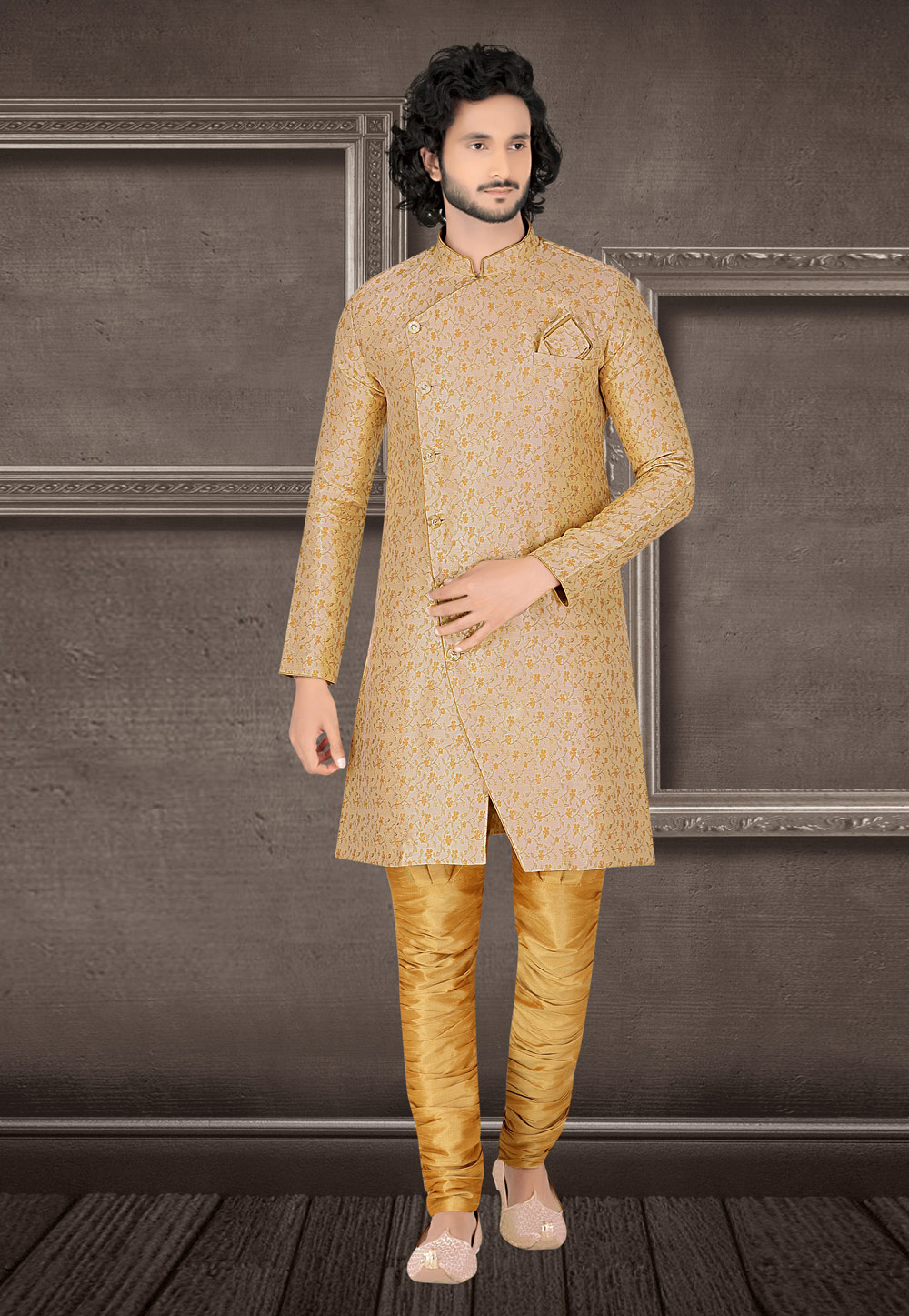 Beige Jacquard Readymade Indo Western Suit 210298