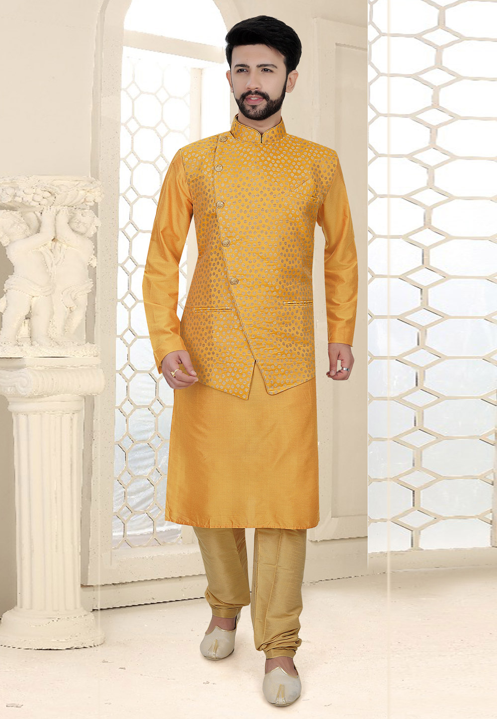 Yellow Silk Readymade Kurta Pajama With Jacket 185187