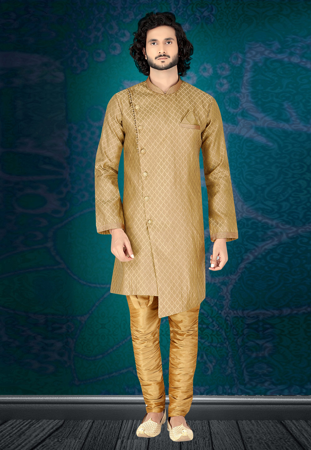Golden Jacquard Readymade Indo Western Suit 210301