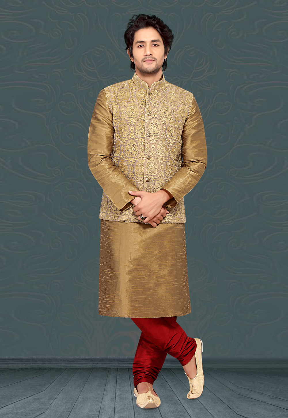 Golden Poly Silk Kurta Pajama With Jacket 222780