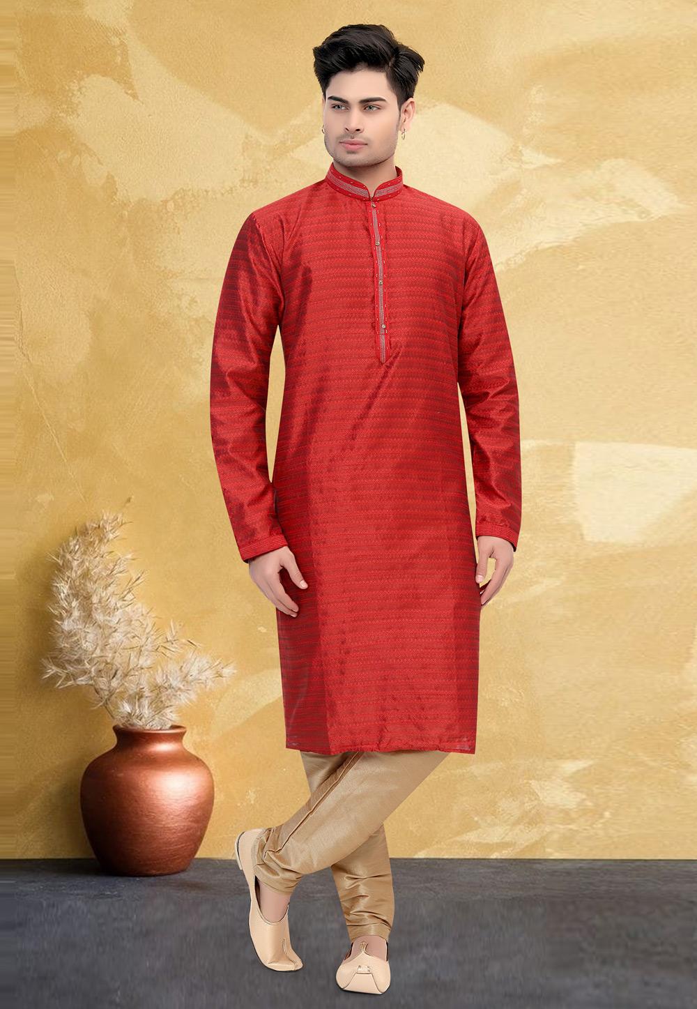 Red Jacquard Readymade Kurta Pajama 260885