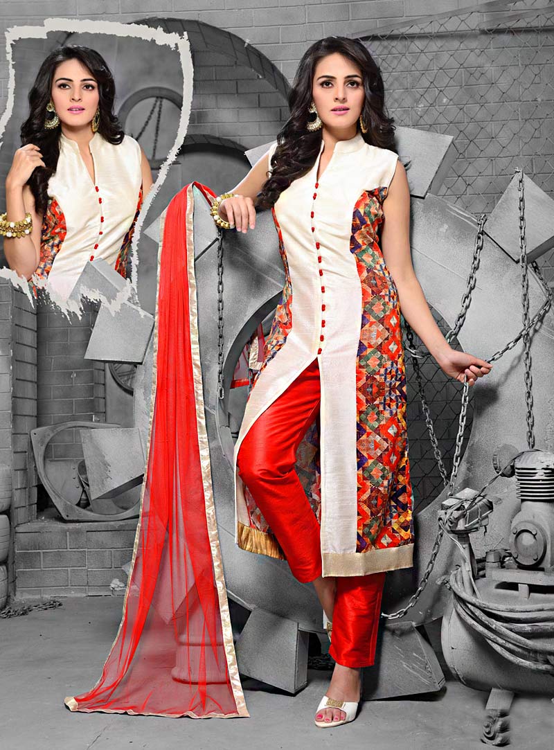 Off White Art Raw Silk Readymade Pakistani Style Suit 70345