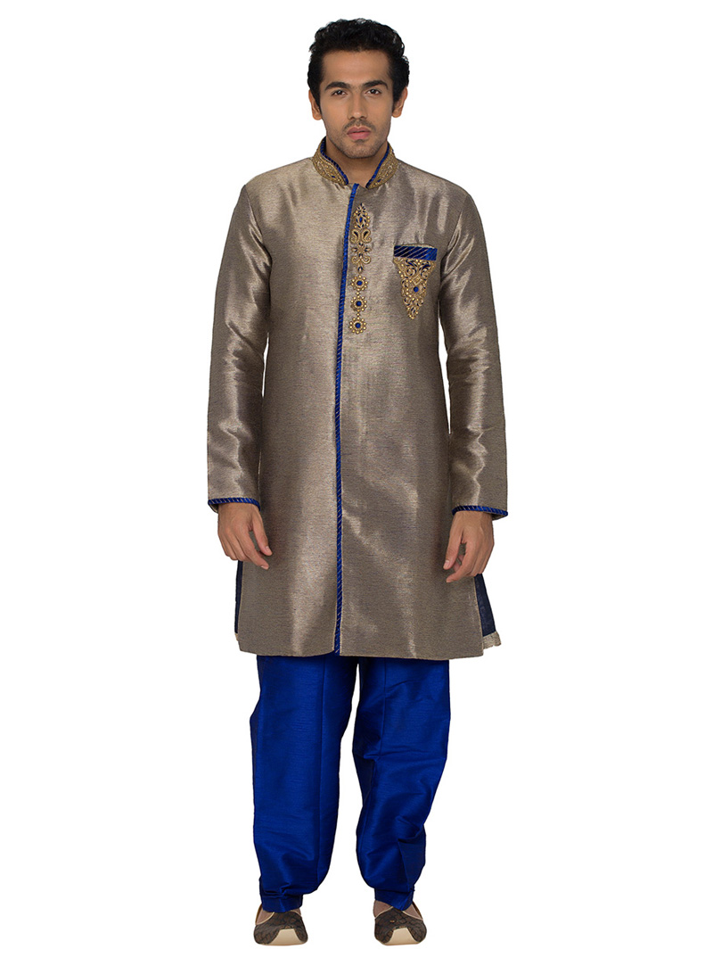 Grey Silk Readymade Indo Western Suit 78920
