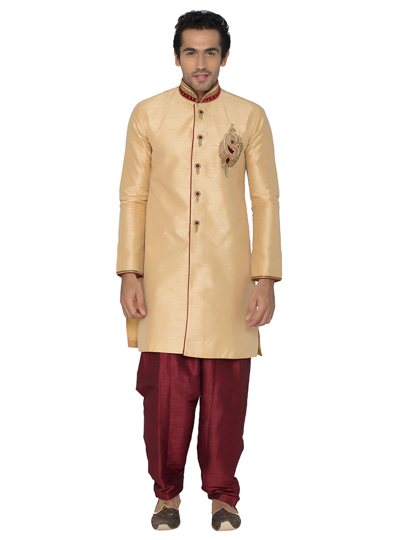 Cream Poly Silk Readymade Indo Western Suit 78923