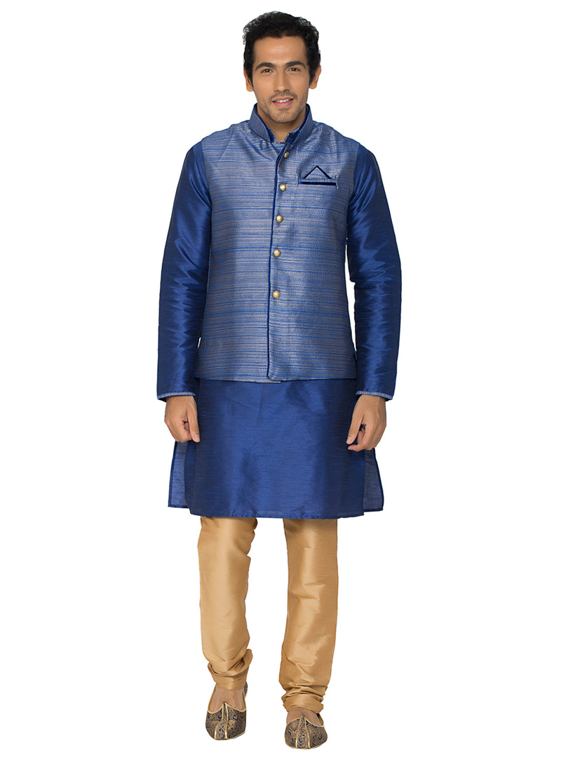 Blue Poly Silk Readymade Kurta Pajama With Jacket 78929