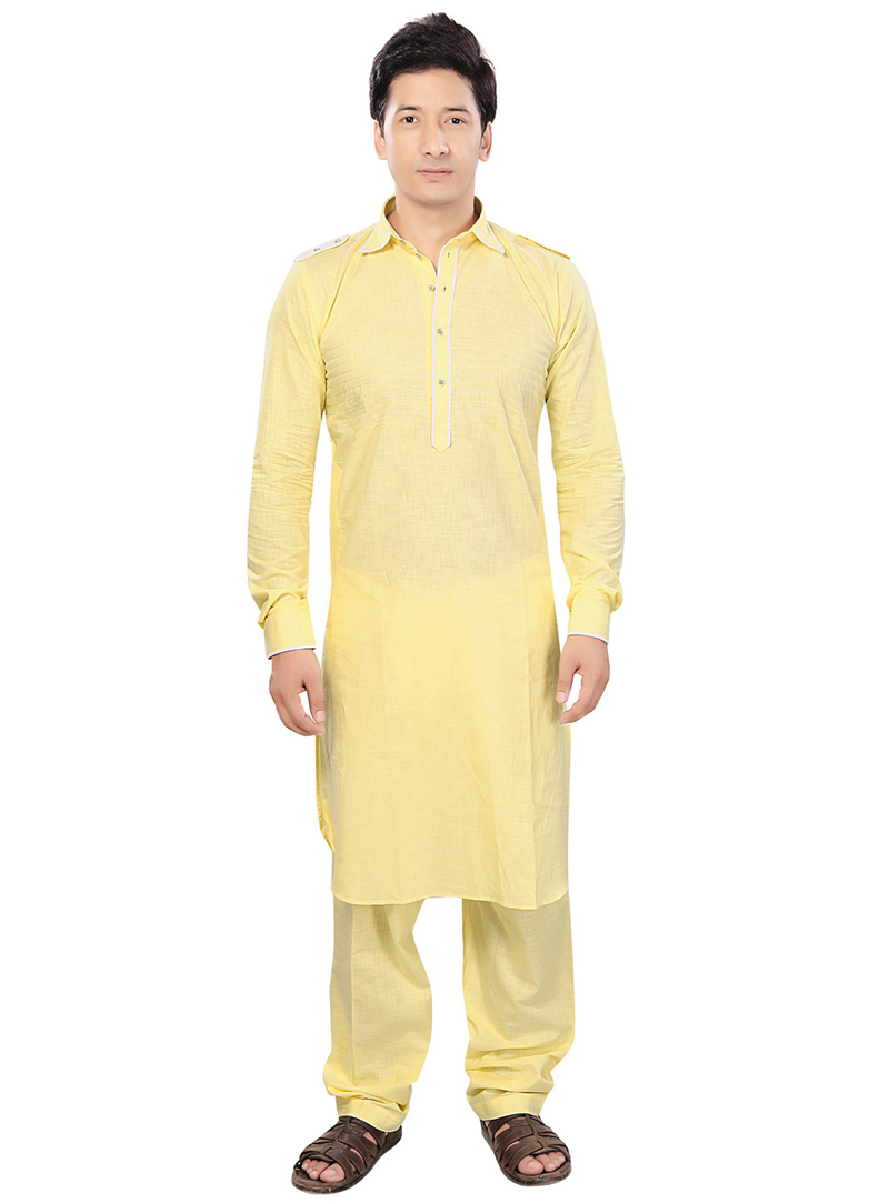 Yellow Linen Readymade Pathani Suit 71776