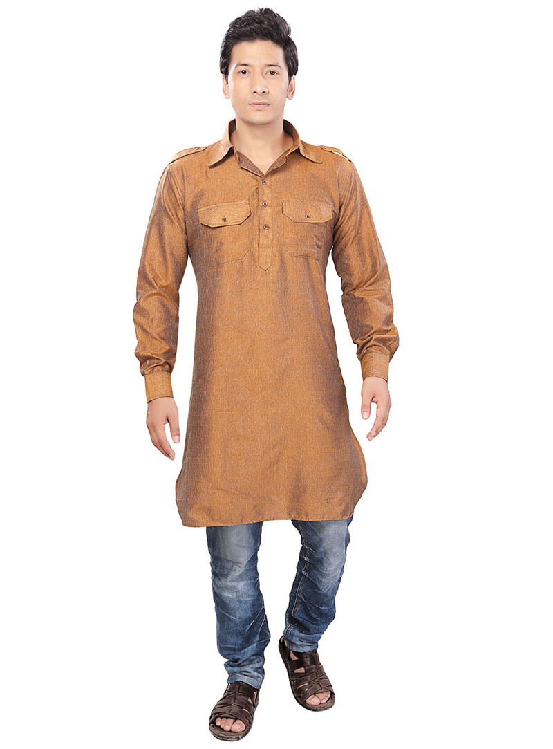 Mustard Cotton Readymade Pathani Suit 71778