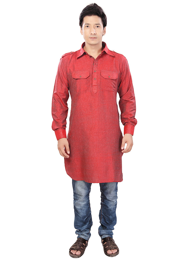 Red Cotton Readymade Pathani Suit 71779