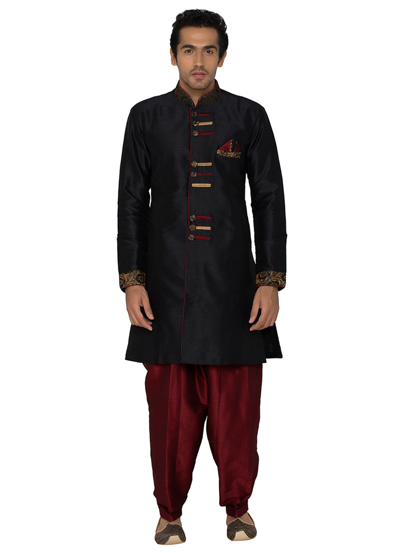 Black Poly Silk Readymade Indo Western Suit 78944