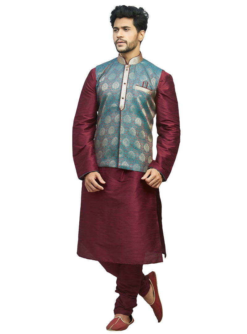 Purple Silk Readymade Kurta Pajama With Jacket 129171
