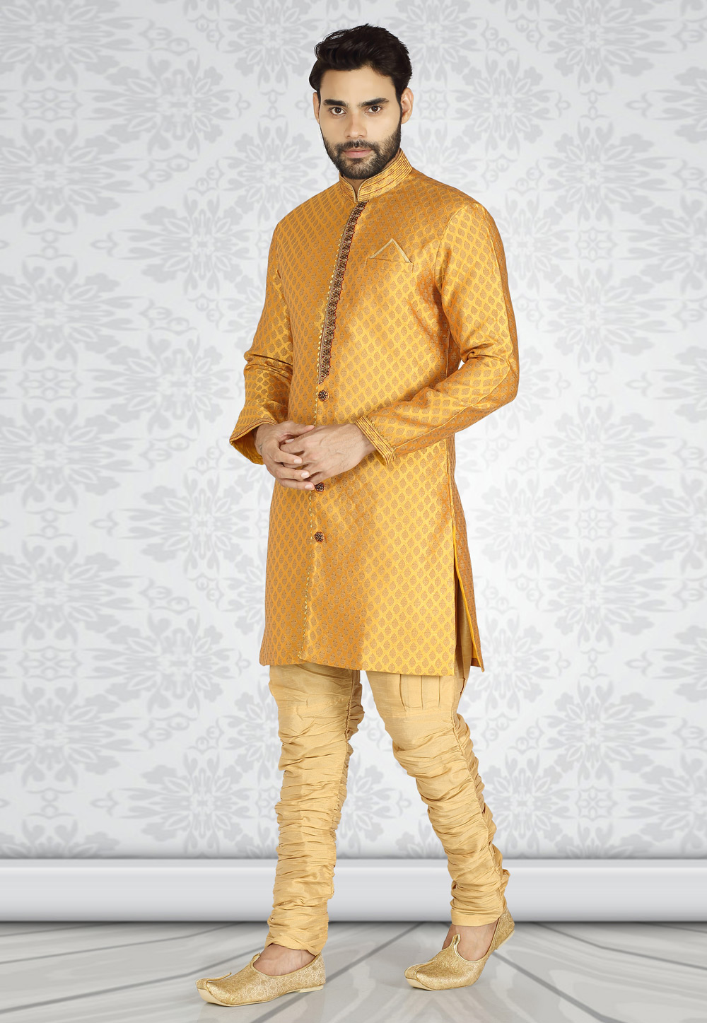Yellow Brocade Readymade Indo Western Suit 185257