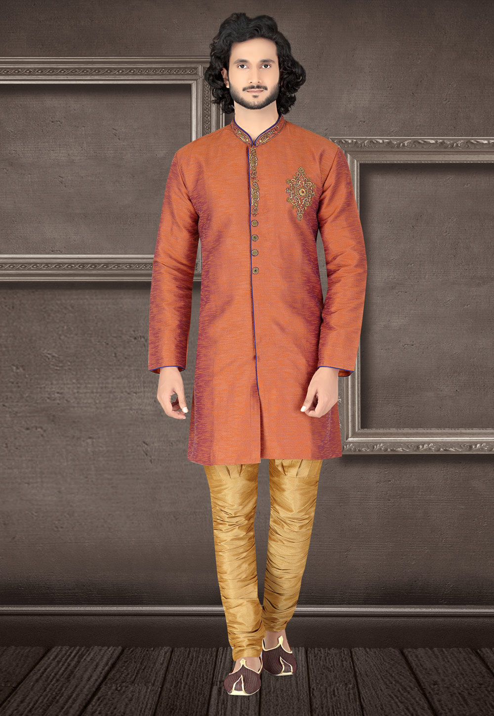 Rust Raw Silk Readymade Indo Western Suit 210284