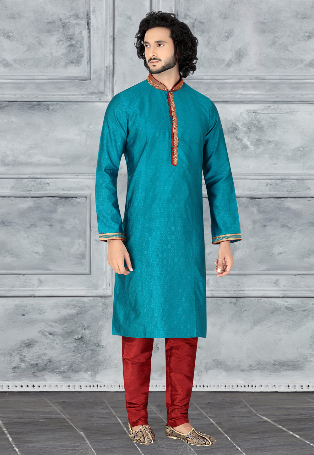 Turquoise Jacquard Readymade Kurta Pajama 210285