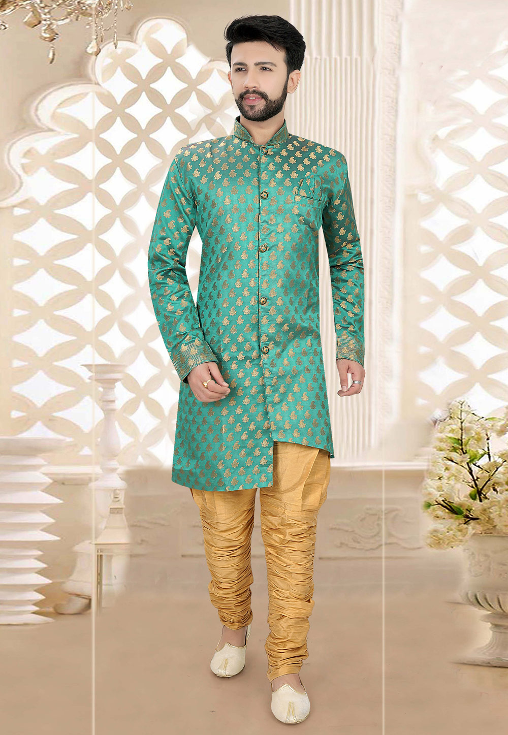 Green Brocade Readymade Indo Western Suit 185174