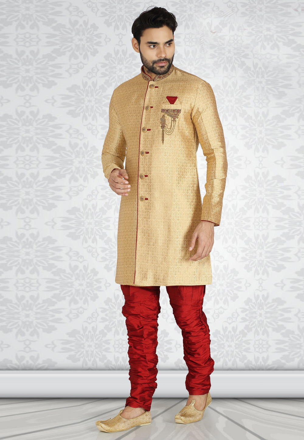 Golden Brocade Readymade Indo Western Suit 185261
