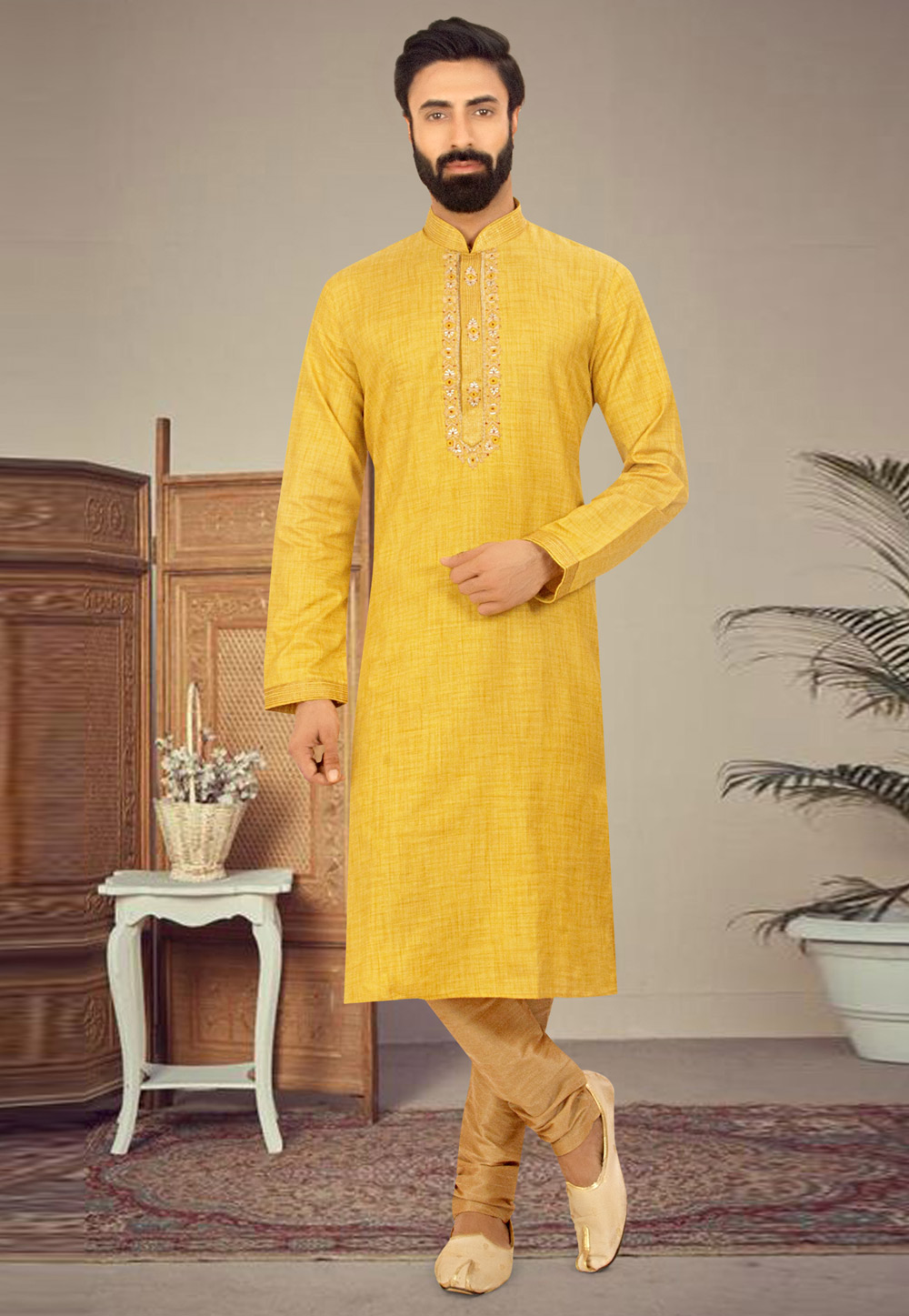 Yellow Jacquard Cotton Kurta Pajama 250406