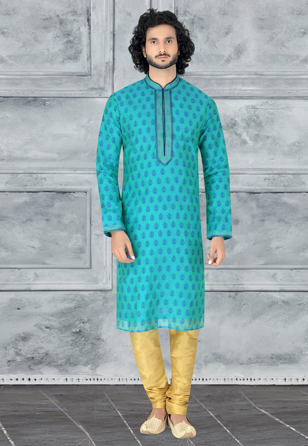 Turquoise Kora Silk Readymade Kurta Pajama 210290
