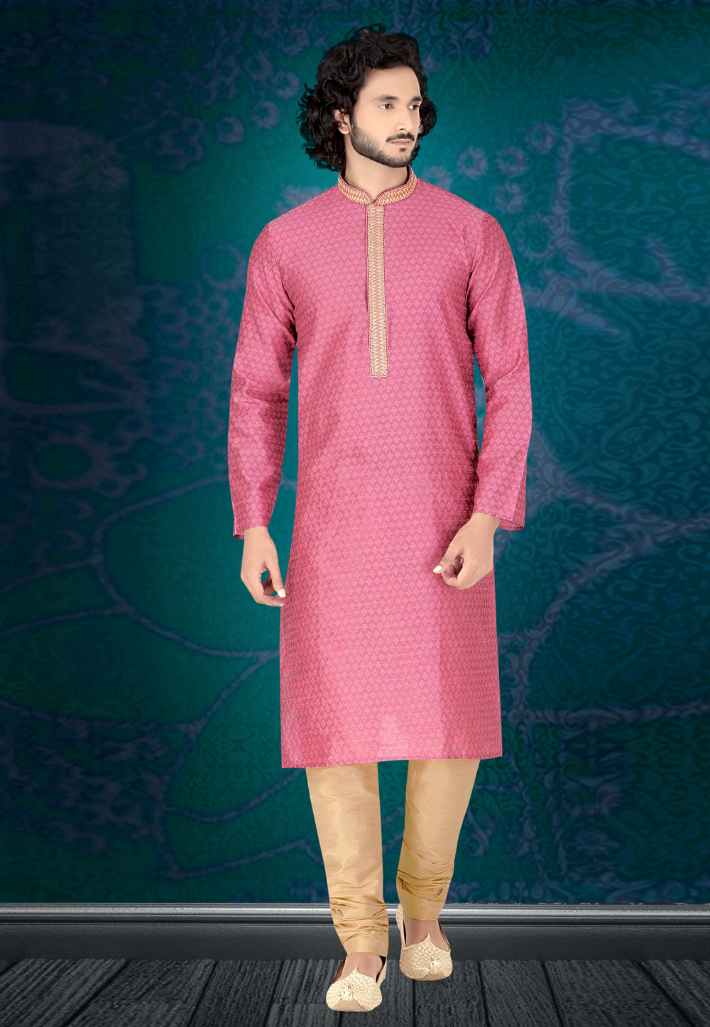 Pink Jacquard Readymade Kurta Pajama 210294
