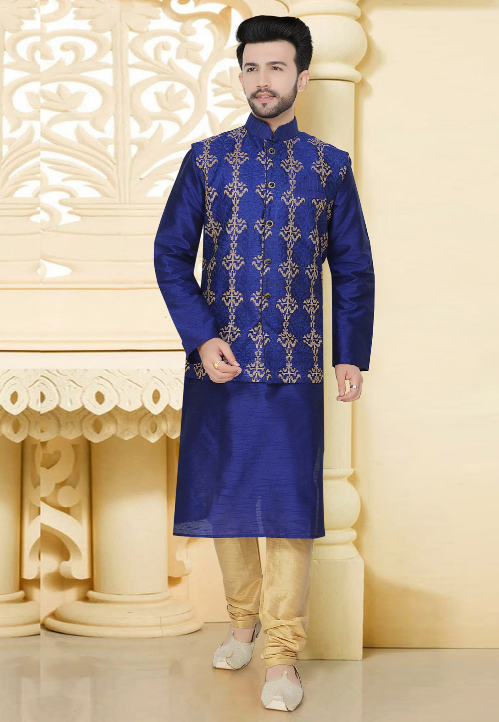 Blue Silk Readymade Kurta Pajama With Jacket 165755