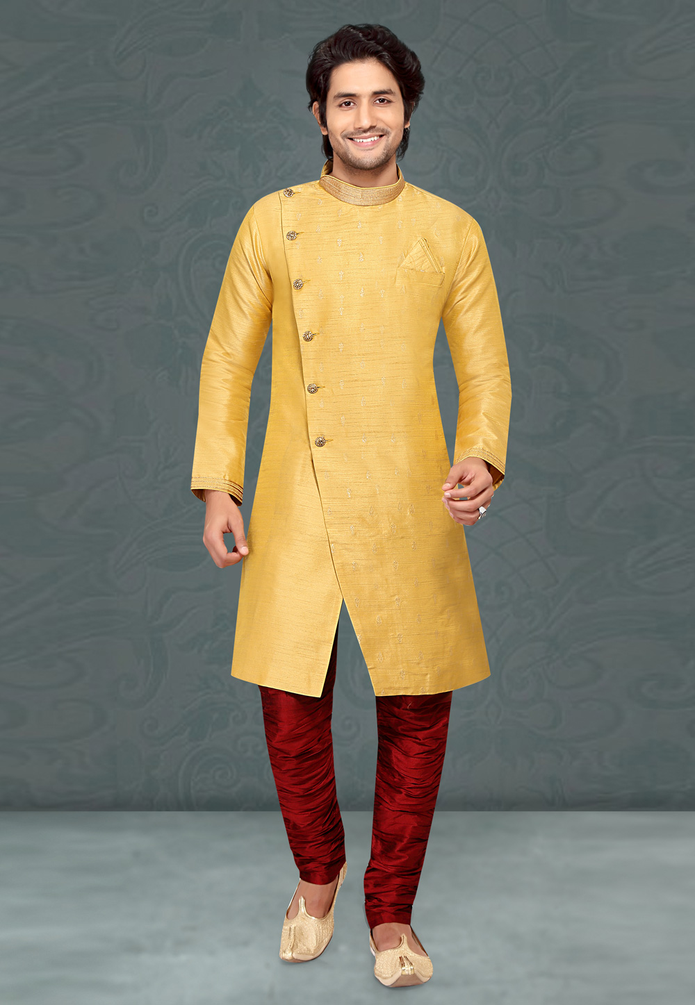 Yellow Jacquard Indo Western Suit 222772