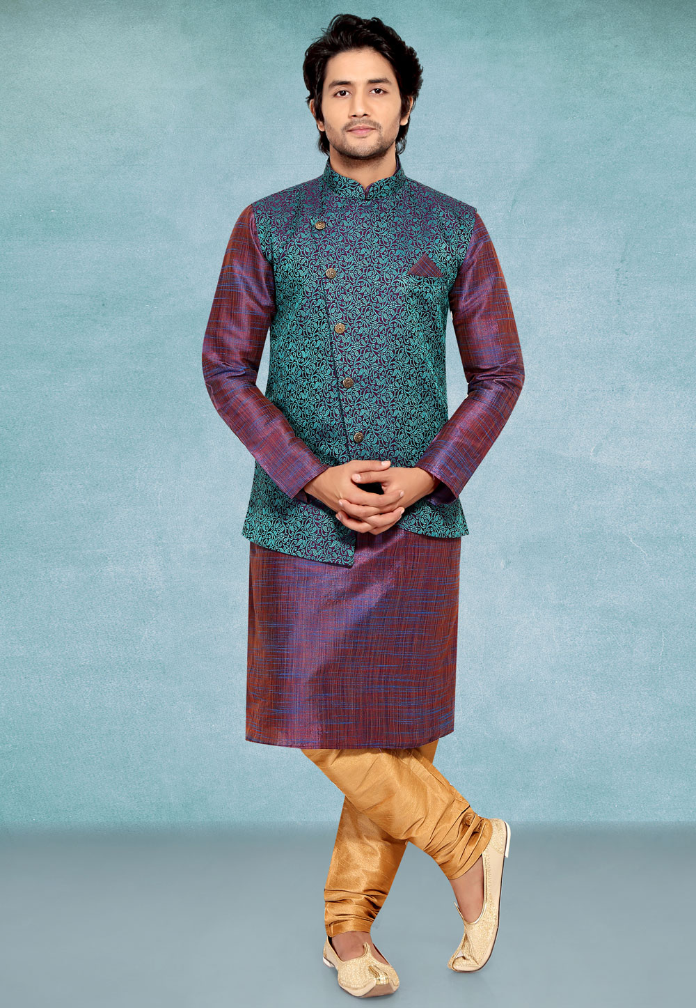 Purple Silk Cotton  Kurta Pajama With Jacket 222787