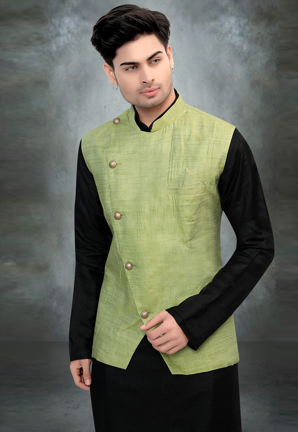Pista Green Jacquard Nehru Jacket 260892