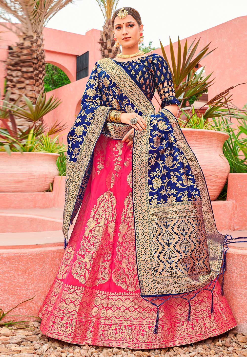 Pink Banarasi Silk A Line Lehenga Choli 228194
