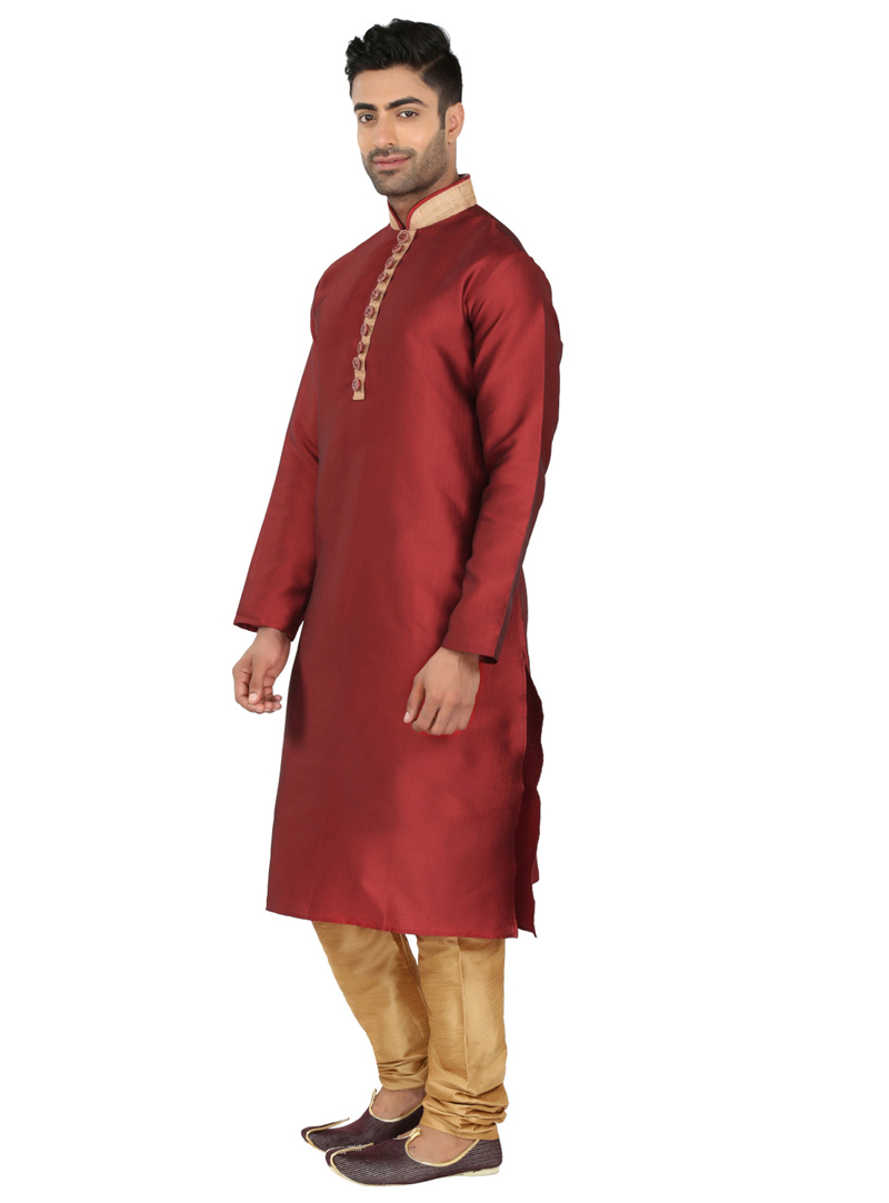 Red Art Silk Readymade Kurta With Churidar 61804