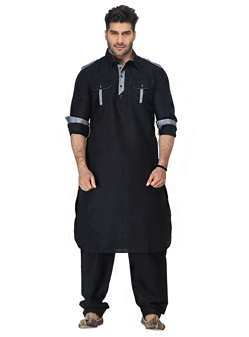 Black Linen Pathani Kurta With Pajama 66271