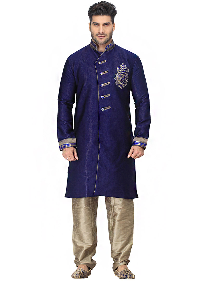 Blue Brocade Readymade Indo Western Suit 66273