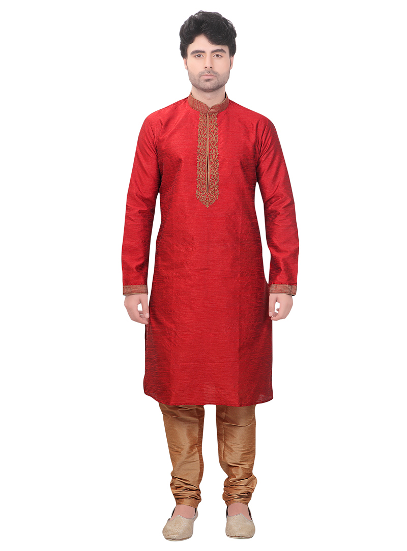 Red Poly Silk Readymade Kurta Pajama 103000