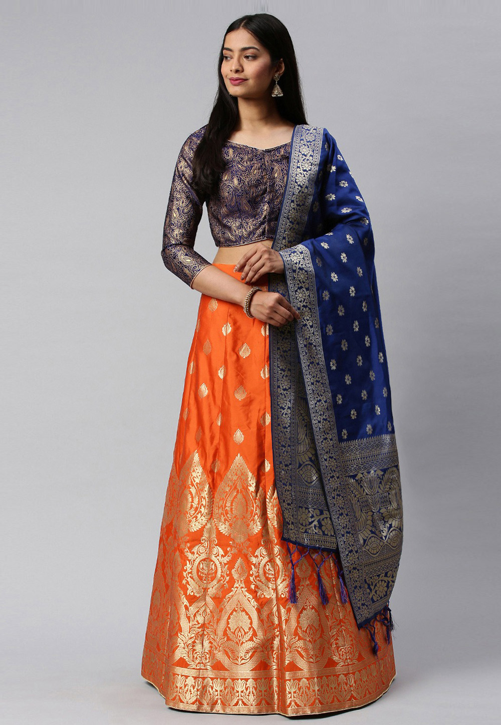 Orange Banarasi Silk A Line Lehenga Choli 216319