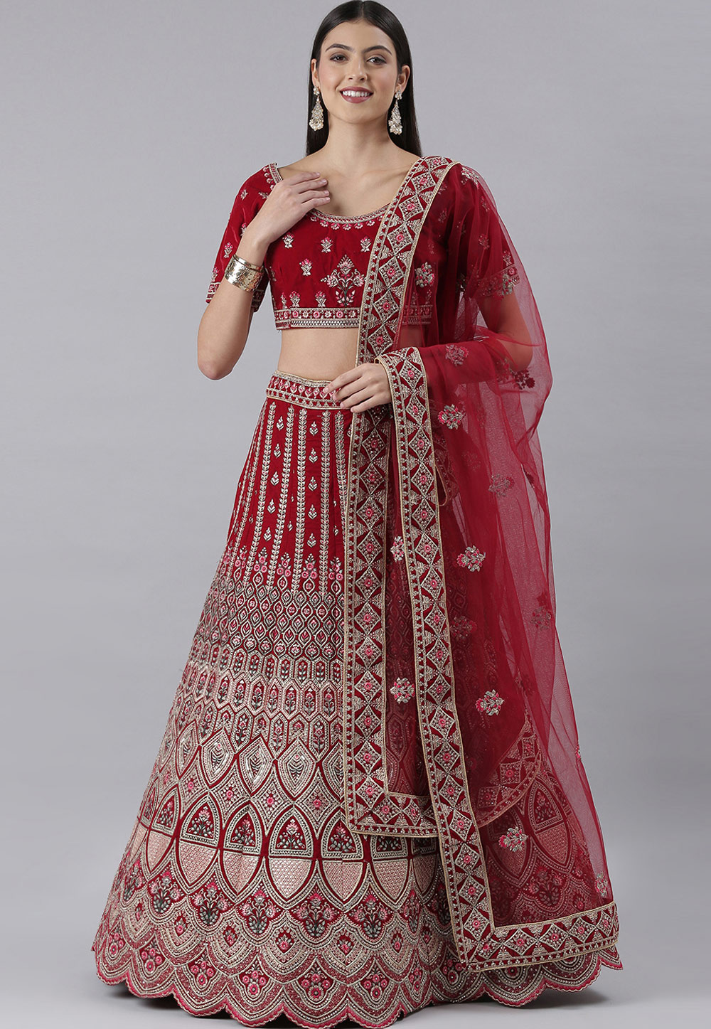 Maroon Velvet Bridal Lehenga Choli 257031