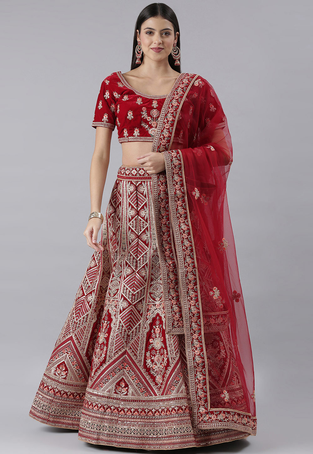 Maroon Velvet Bridal Lehenga Choli 257032