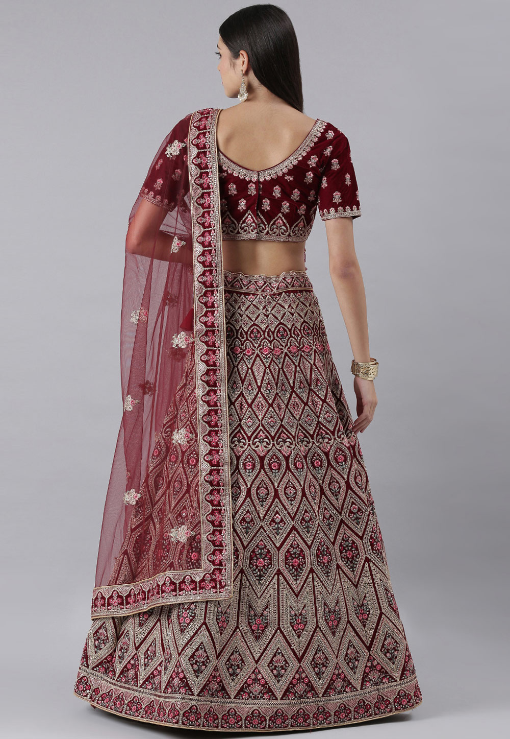 Magnificent Maroon Color Heavy Work Lehenga With Net Dupatta