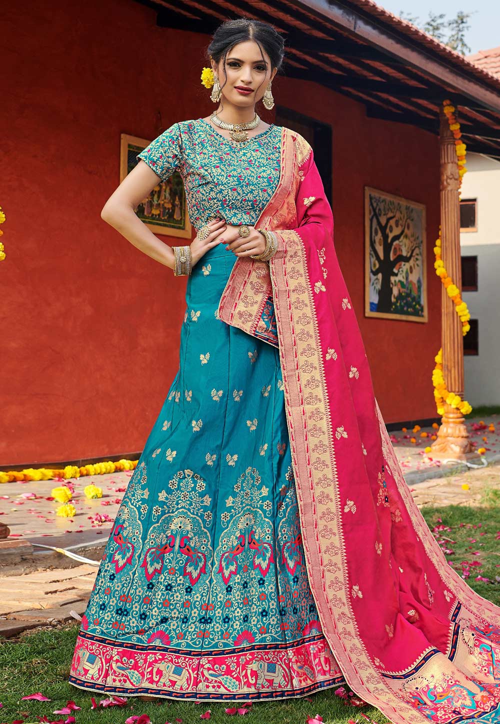 Turquoise Banarasi Silk Lehenga Choli 224505