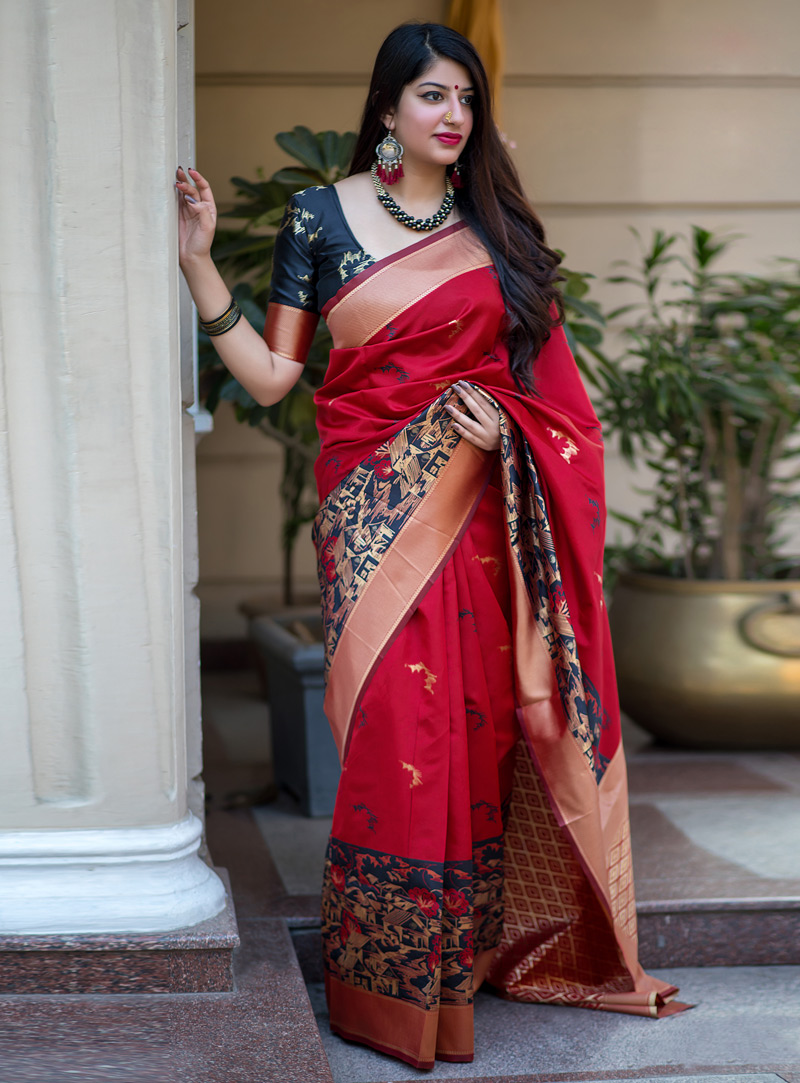 Red Banarasi Silk Festival Wear Saree 153494