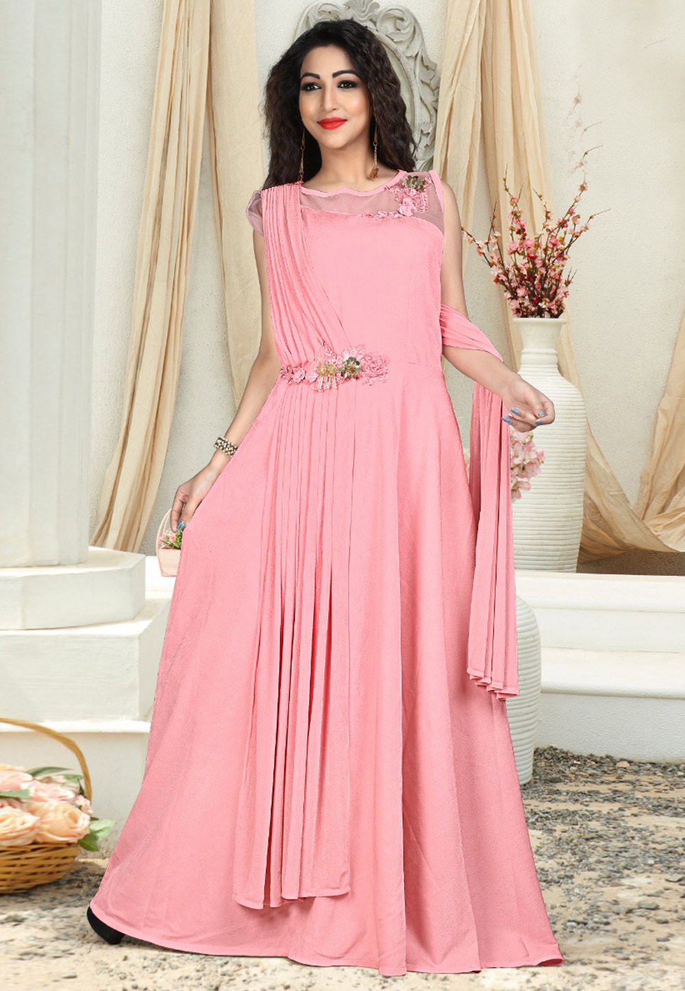 Pink Jacquard Readymade Long Gown 156614